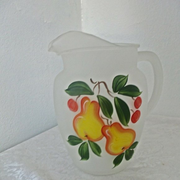 BARTLETT COLLINS ?? White Frosted Glass Pitcher Painted Pears,  Vintage Glass - Picture 1 of 4